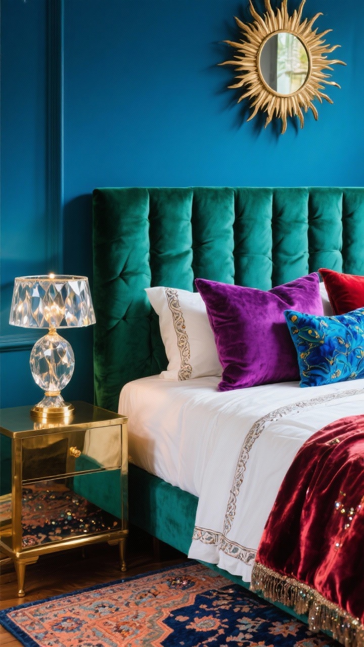 Detail closeup, Jewel-Toned Boho Glam: peacock blue wall as backdrop; channel-tufted emerald velvet headboard; jewel-toned pillows—amethyst, ruby, sapphire—layered over crisp sheets with embroidered edges; brass nightstand edge and faceted glass lamp catching highlights; sunburst mirror partially visible; Persian rug hints in navy and coral; textures velvet, silk blend, aged metal; subtle glam sparkle lighting, photorealistic.