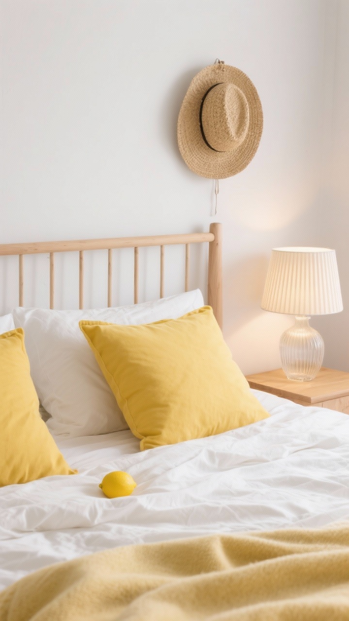 Detail closeup: Midsummer Scandi accents on a cream duvet—pair of buttery yellow pillows and a soft lemon throw provide sunny pops against a pale beech bed frame; a simple straw hat hangs on the adjacent white wall adding texture; nearby, a ribbed glass table lamp casts a warm evening glow; accents include airy linen touches; color notes of white, beech, butter yellow, and lemon.