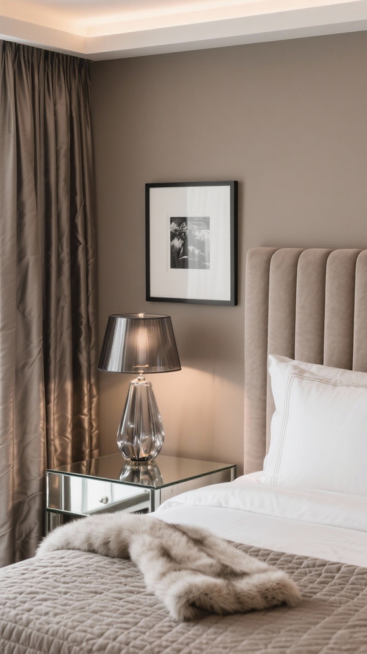 Detail closeup, Monochrome Minimal Luxe: tone-on-tone taupe palette showing a channel-tufted headboard against taupe walls, with silk-look curtains in the background. The bed features a matelassé coverlet and a soft faux fur throw draped across the corner. A mirrored nightstand reflects light from a smoked glass lamp, while a framed monochrome photograph edges into frame. Warm white hotel-glow lighting; crisp, luxurious minimalism; no people.