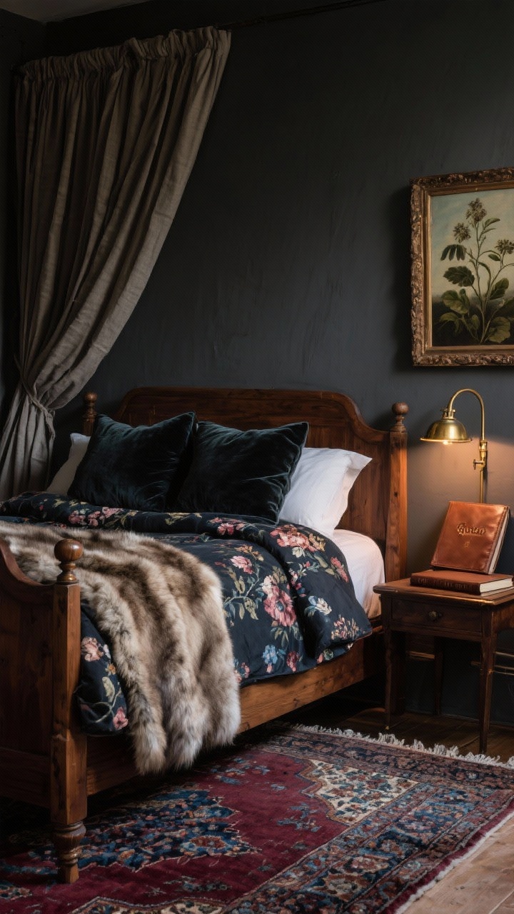 Detail closeup: Moody cottage textures on a walnut sleigh bed with velvet pillows, a dark floral duvet, and a faux-fur throw; backdrop of matte charcoal wall; antique brass lamp casting warm, directional light; edge of a Persian rug with burgundy and indigo tones; heavy linen drape pleats visible; botanical oil painting corner in frame; leather-bound guest book on the nightstand; deep, atmospheric glow.