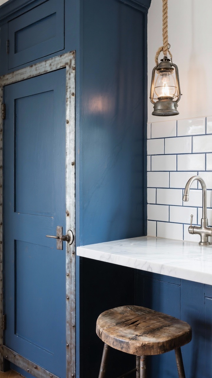 Detail closeup, nautical-industrial elements: Navy powder-coated cabinet door with galvanized steel accent edge, next to white tile backsplash with navy grout lines; rope-detail pendant cord and polished nickel bridge faucet catching light; weathered oak stool seat edge in foreground; a vintage ship light reflected subtly; crisp coastal-meets-loft textures, photorealistic.