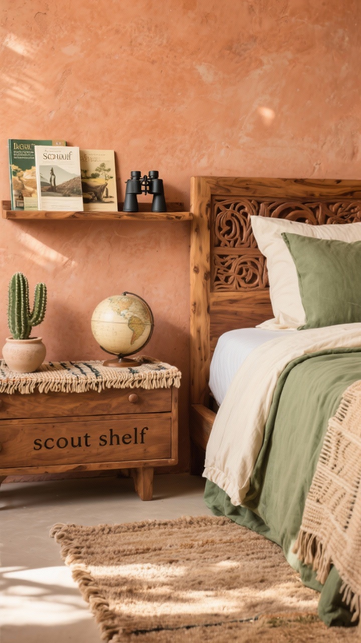 Detail closeup of a desert scout vignette: section of sun-baked terracotta wall behind a carved mango wood bedframe corner, sage and sand bedding textures visible, nubby rug peeking into frame, “scout shelf” styled with field guides, binoculars, and a small globe, woven tapestry edge in view, ceramic cactus on the dresser top; palette of terracotta, sage, sand, ecru; warm, sunlit atmosphere.