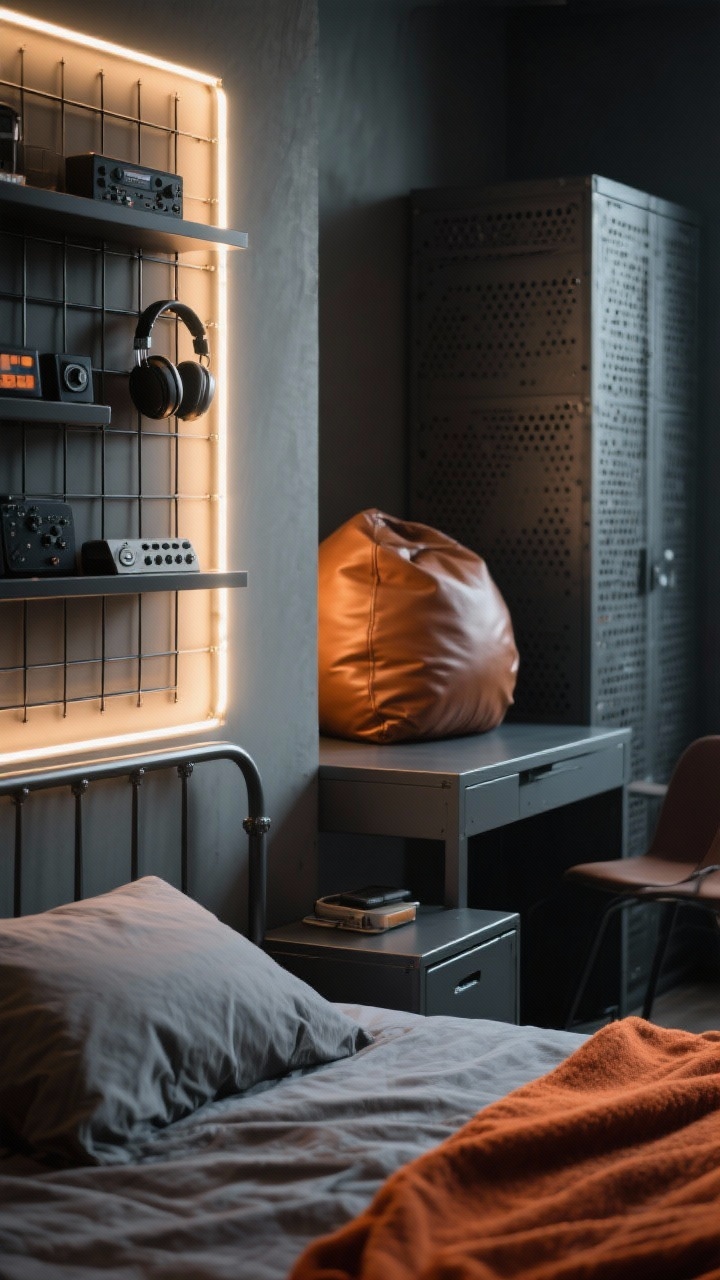 Detail closeup of a modern industrial setup: perimeter LED strips glowing from behind a headboard and under shelves, black wire grid panels holding controllers and headphones, edge of a powder-coated metal bed, glimpse of a graphite desk and perforated metal cabinet, cognac faux-leather beanbag and rusty-orange throw in background; evening LED accent lighting, shallow depth of field.