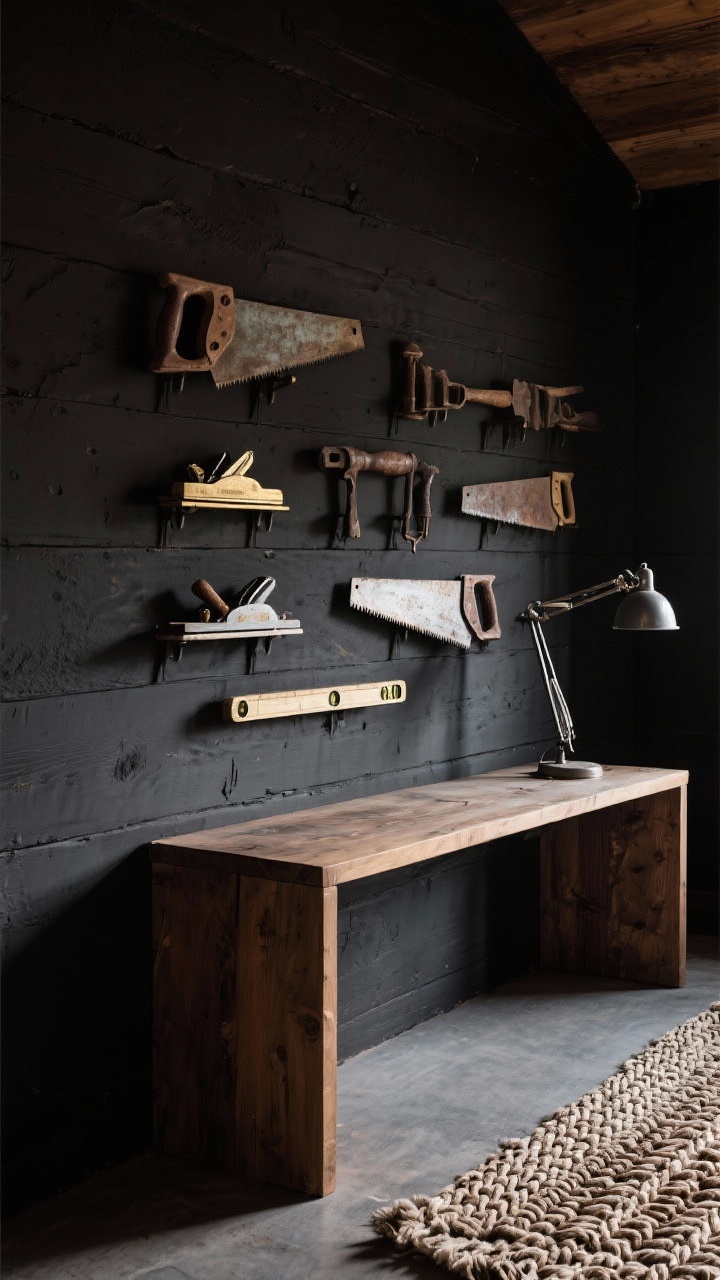 Detail closeup of a moody cabin wall: deep charcoal painted wall with a curated grid of vintage hand tools—planers, saws, levels—mounted like modern art; adjacent edge of a simple wood worktable console and a metal task lamp; braided rug glimpse; palette charcoal, chestnut, brass, bone; textures aged wood, oxidized metal, wool; dramatic directional lighting creating shadows; straight-on crop.