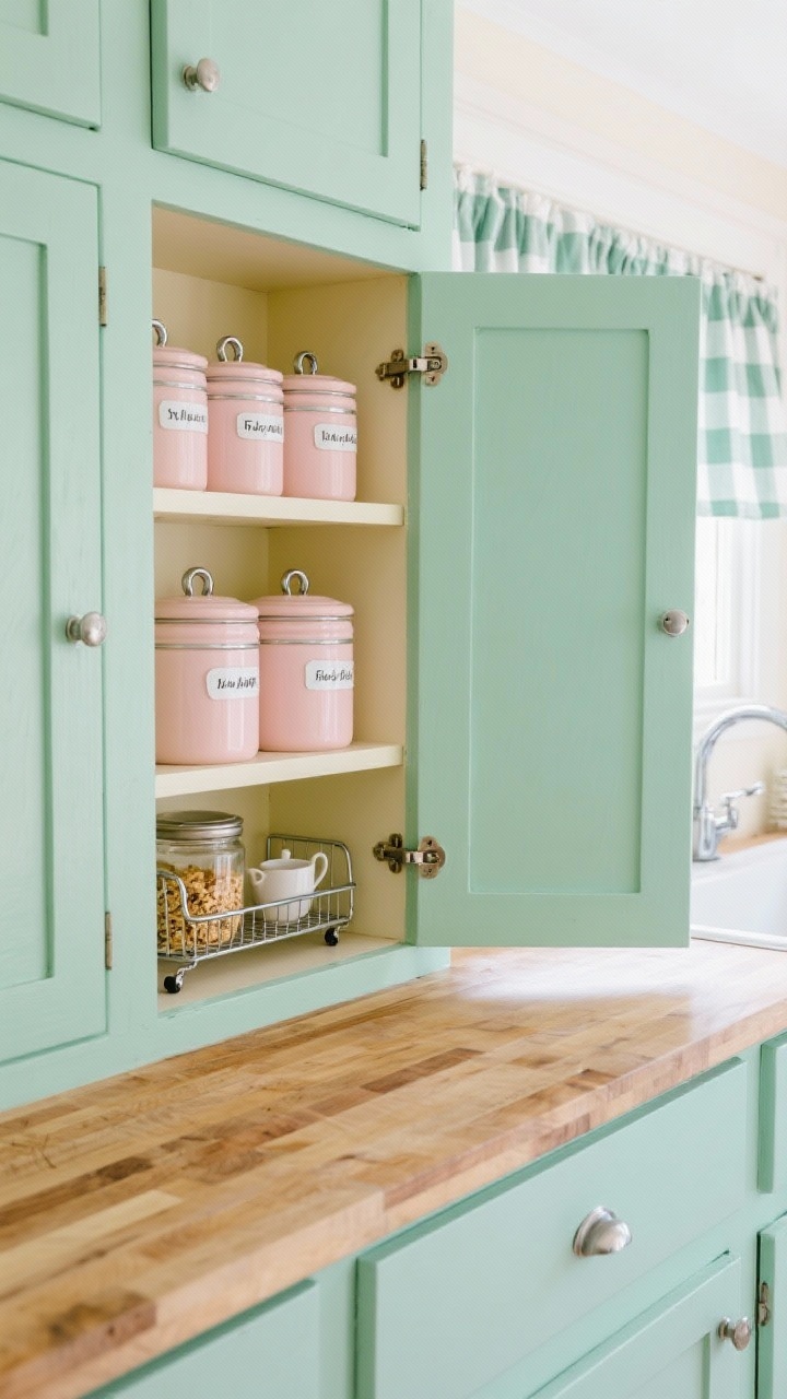 Detail closeup of a retro pastel pantry vignette: mint green cabinet fronts, butcher block countertop; open cubbies painted blush and buttercream inside; stacking pastel canisters with chrome label clips neatly arranged; a glimpse of a chrome utility cart tier with cereal and tea; checkered cafe curtain under the sink in the background; bright, cheerful lighting.