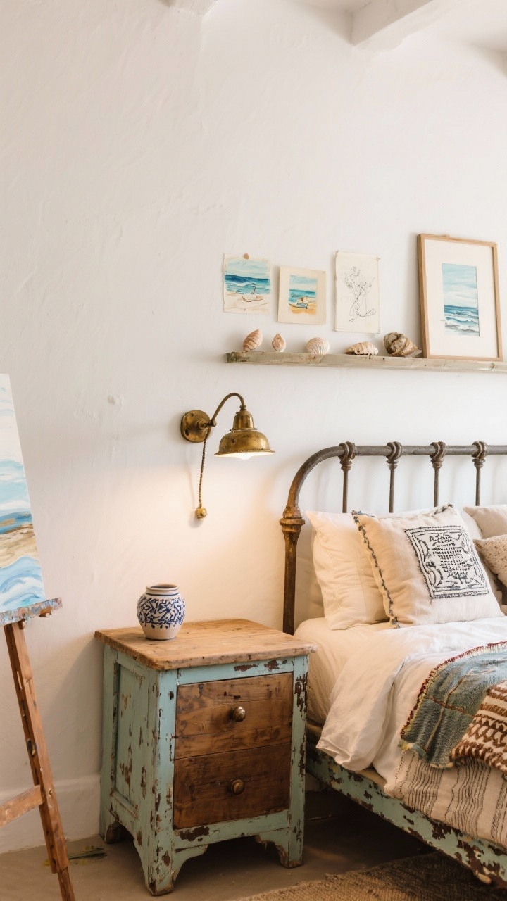 Detail closeup of an artist’s beach studio nightstand scene: warm white walls, rustic wood nightstand with ceramic pulls beside a painted iron bed layered with mixed textiles—block prints, linen, embroidered pillows; adjustable arm sconce in aged brass casting warm light over a picture ledge displaying small seascape studies, sketches, and found shells; a corner glimpse of an easel with a leaning canvas; collected, creative atmosphere.