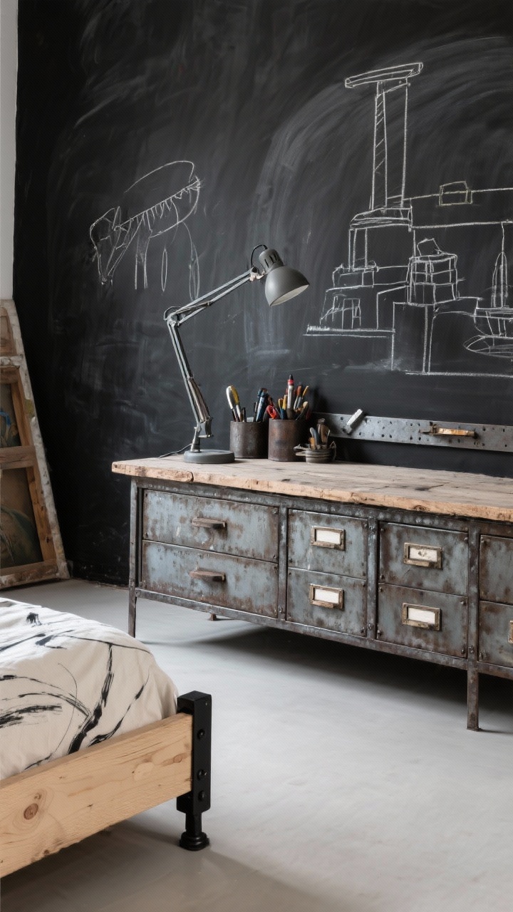 Detail closeup of an artist’s foundry vignette: chalkboard black wall with chalk sketches, vintage-style metal flat files used as a dresser topped with a raw lightweight wood slab, clamp lamp clipped to the edge, magnetic strips holding tools and markers, edge of a raw plywood bed frame with black brackets, cotton-canvas bedding with brushstroke patterns in background; soft studio lighting, shallow depth of field.