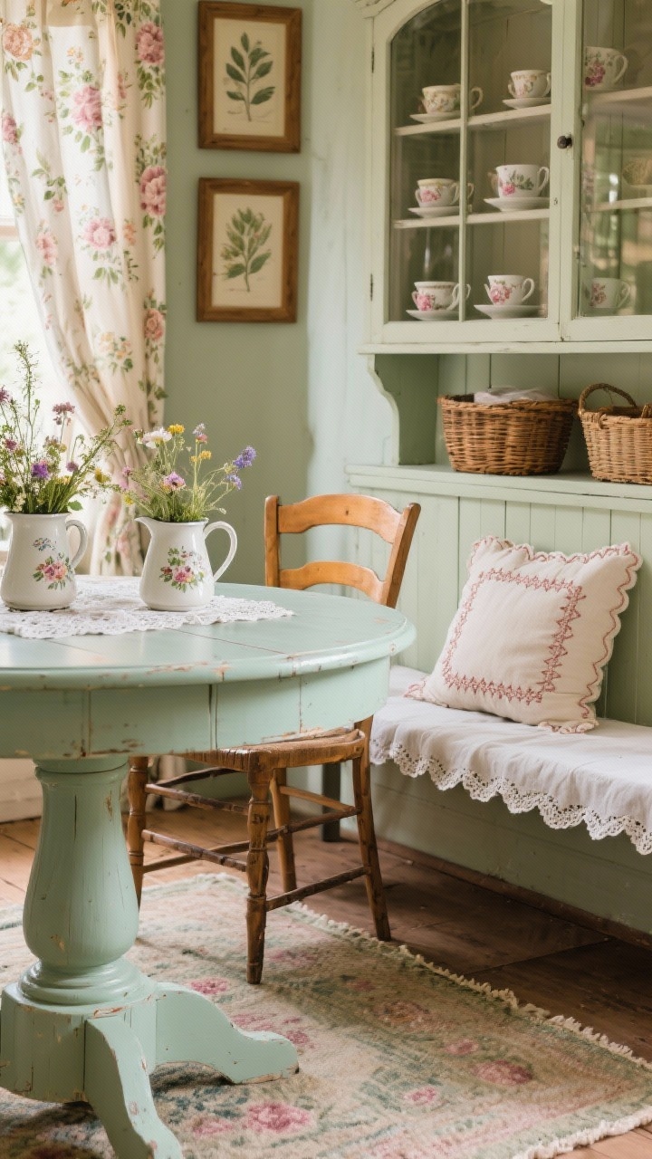 Detail closeup of cottage rustic charm: painted pedestal table edge in soft sage with mismatched vintage chair backs around it, floral drapes softly blurred in the background, needlepoint cushion on a bench, scalloped-edge rug visible beneath, antique teacups displayed in a glass hutch and botanical prints in wood frames on the wall; decor includes enamel pitchers with wildflowers, lace-edged linens, wicker baskets; palette sage, cream, rose, honey wood; gentle daylight.