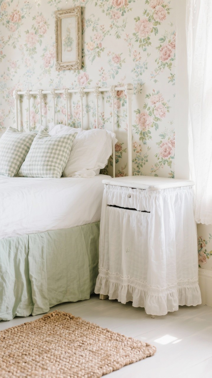 Detail closeup of cottagecore textiles: floral wallpaper backdrop, white iron bed rail in frame, gingham pillows layered against soft bedding, skirted nightstand in crisp fabric hiding storage, ruffled curtain edge catching daylight; hand-braided rug texture at bottom of frame; soft sage, blush, buttercream, antique white palette; gentle morning light; shallow depth of field.