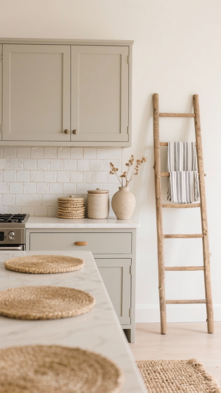 Detail closeup of creamy clay neutrals: greige-clay painted cabinet front beside a matte off-white zellige-style tile backsplash with subtle variation, minimal hardware (brushed nickel or wooden pegs) in frame, stacked seagrass placemats near a toaster, edge of a jute rug visible, a wooden ladder leaning with striped tea towels, and stoneware canisters with a few dried stems in a ceramic vase, soft diffuse daylight, photorealistic.