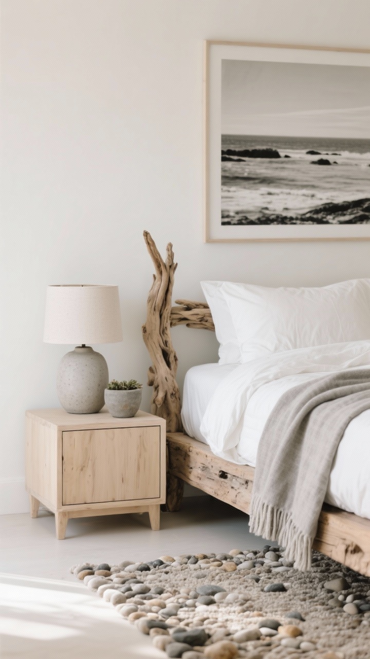 Detail closeup of driftwood minimalism: warm white wall backdrop, the corner of a driftwood platform bed with flax linen duvet and white percale sheets, a mist-gray throw draped casually; light wood, clean-line nightstand with a stoneware lamp, a concrete-look planter beside it, and a pebbled wool rug underhand; tonal neutral palette with oversized black-and-white coastal photography blurred in the background; soft, serene natural light.