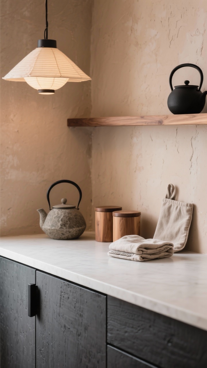 Detail closeup of earthy Japandi textures: charcoal base cabinet front with slim black pull adjacent to a clay-toned limewash wall, slim oak ledge holding wood tea canisters, a stone teapot, and folded linen potholders, chalky white counter surface visible, overhead glow from a paper lantern pendant out of frame, matte black pot rail glimpsed, serene, tactile, photorealistic.