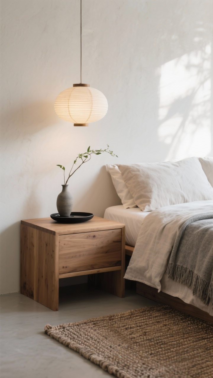 Detail/closeup of Japandi calm nightstand and bed corner: low oak bed with flax linen duvet, stone-colored throw, handwoven rug texture; paper lantern pendant softly glowing above; minimal decor—a single ikebana stem in a simple vase, black ceramic tray; pale plaster wall backdrop; clean, serene morning light with gentle shadows.