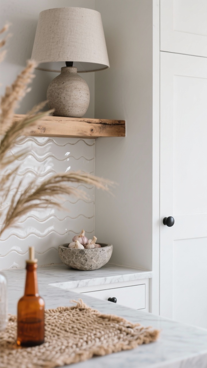 Detail closeup of monochrome boho textures: soft white shaker cabinet door with matte black knob beside handmade white ripple-glaze tile backsplash, honed white countertop with subtle veining, raw wood shelf edge above holding a chunky ceramic lamp base, braided jute runner texture in foreground blur, dried palm fronds and a terracotta oil bottle near a stone bowl of garlic, clean natural light, photorealistic.