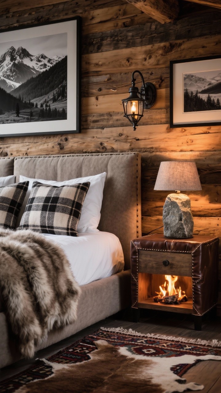 Detail/closeup of rustic alpine lodge bedside: wood-clad wall backdrop, sturdy upholstered bed edge with wool plaid pillows, faux-fur throw texture; iron sconce above, stone-look lamp on nightstand, leather-trim accents; framed black-and-white landscape partially visible, kilim or hide rug texture at the bottom; warm, firelight-like evening glow.