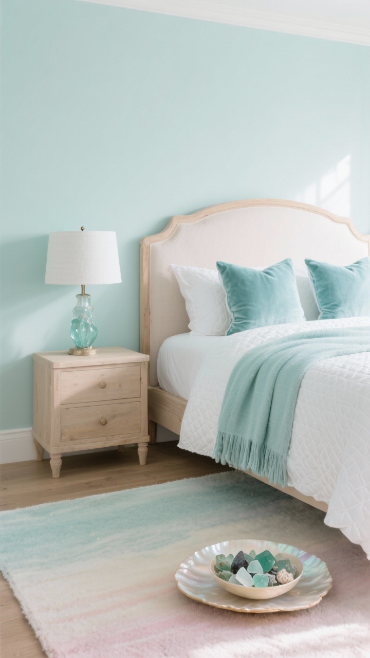 Detail closeup of sea glass serenity: whisper-mint/pale seafoam wall as background, edge of a light wood bed with soft-curved headboard; white matelassé coverlet, pale aqua throw, and sea-glass-colored velvet pillows arranged neatly; sea-glass base lamp with a white linen shade on a nightstand, a soft low-pile pastel ombré rug peeking below, and a bowl of real sea glass with a mother-of-pearl tray; gentle, glowing natural light.