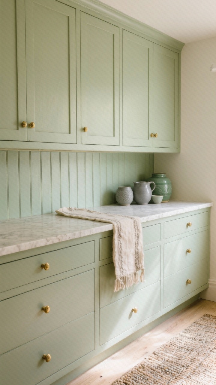 Detail closeup of soft sage and stone: muted sage-green shaker cabinet fronts with vertical beadboard backsplash painted to match, creamy limestone-look quartz countertop edge, whitewashed oak flooring visible at the base; brass knobs catching warm natural light, a vintage linen runner skimming along the counter, a cluster of gray-green ceramics and a small textured rug corner; peaceful morning mood.