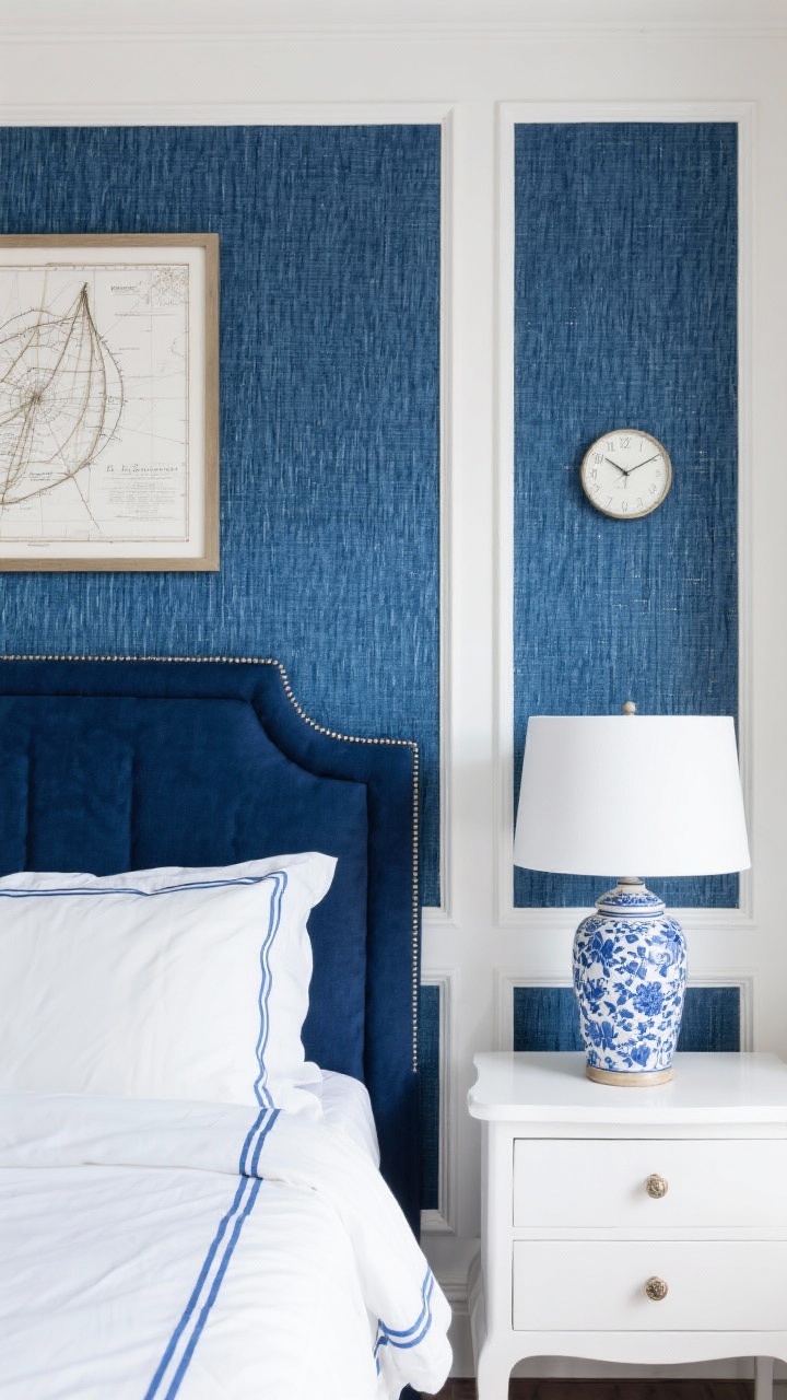 Detail closeup of the bed wall in a classic blue-and-white room: navy grasscloth wallpaper behind the bed, white paneled trim. Hotel-style sheets with blue piping, navy upholstered headboard, white lacquer nightstand with ceramic ginger jar lamp. Include a blue-and-white vase, framed nautical chart detail in the background, and a simple clock. Materials visible: grasscloth texture, lacquer sheen, cotton sateen. Bright, crisp lighting.