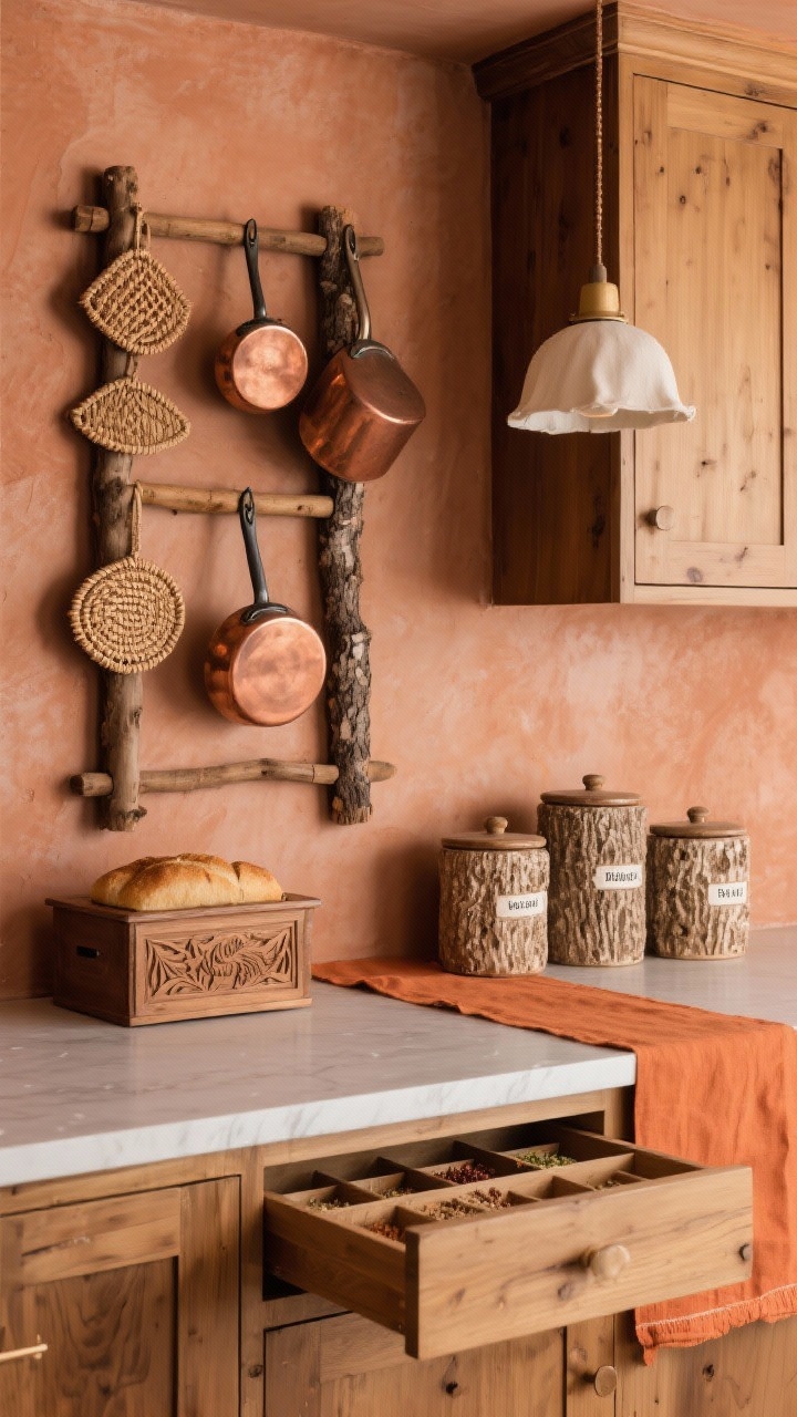 Detail closeup of warm terracotta textures: muted terracotta wall behind warm wood cabinets; a vertical wooden ladder mounted to display copper pots and woven trivets as functional art; bark-texture ceramic canisters grouped on the counter; a carved wooden bread box; a short wide drawer open with tiered spice inserts showing labels clearly; soft linen pendant glow and hint of a burnt orange runner.