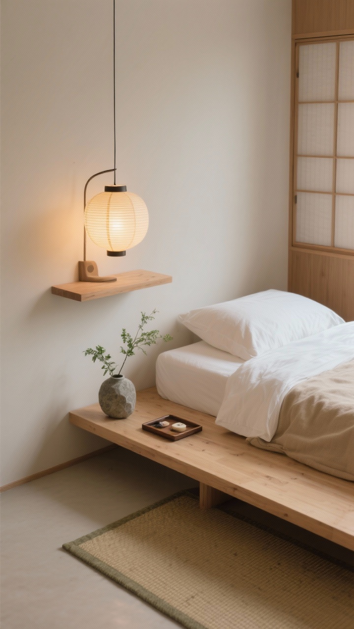 Detail closeup, overhead angle of a minimalist Zen bedside vignette: low platform bed in light wood with warm white and sand bedding, tatami-style rug beneath. A wall-mounted floating night shelf with a single sculptural lamp, a small stone vase holding a sprig of greenery, and a tray for essentials. Neutral walls, built-in wardrobe edge visible. Rice paper lantern glow with warm-dim bulbs, serene and uncluttered. Photorealistic, calm ambient light.