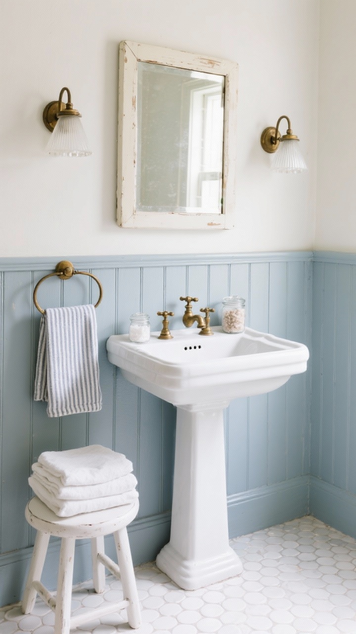 Detail closeup: Petite cottage bath beadboard charm—lower walls wrapped in beadboard painted cloudy blue-gray with creamy white above; pedestal sink with antique brass taps; medicine cabinet mirror slightly foxed; striped hand towel draped neatly; stool holding folded linens; apothecary jars with bath salts; white penny round (or small hex) tile floor; twin sconces with milk-glass shades casting gentle light; crisp, clean, photorealistic.