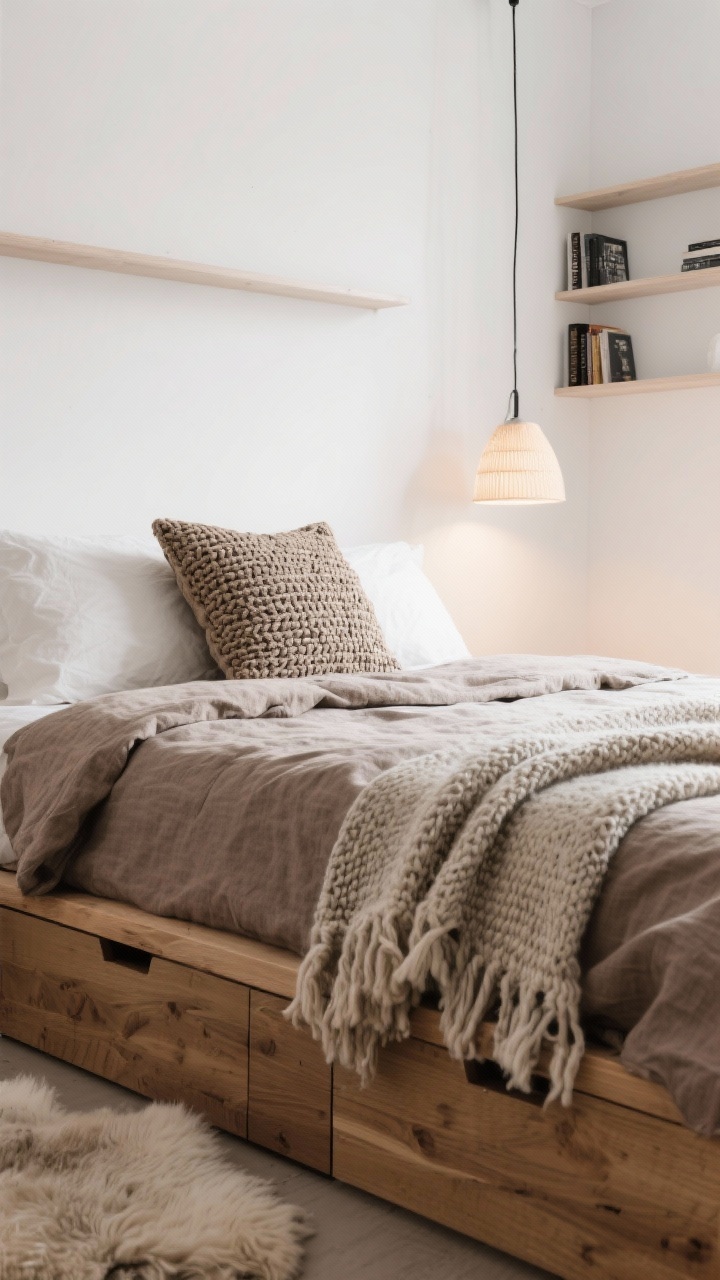 Detail closeup: Scandinavian minimal textures—warm white wall backdrop, natural oak bed edge, taupe linen duvet, and a chunky wool blanket draped at the end. A single textured statement pillow, woven pendant light softly glowing at 2700K, and a hint of a sheepskin rug by the bed. Under-bed drawers barely visible, slim wall-mounted bookshelf kept minimal. Palette: warm white, oak, taupe, charcoal accents. Soft morning light.