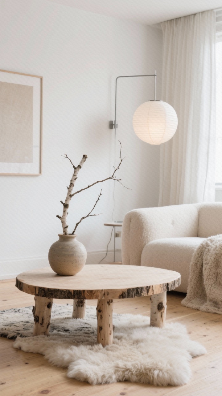 Detail closeup, Scandinavian Rustic textures: soft white wall backdrop, blonde oak floor; round birch coffee table with handcrafted pottery and a ceramic vase holding a birch branch; edge of a cloud-like oatmeal sofa with nubby wool rug and light sheepskin visible; linen curtains softly diffusing natural light; paper lantern pendant glow in the background and a simple metal picture light over neutral art; minimal, airy, photorealistic.