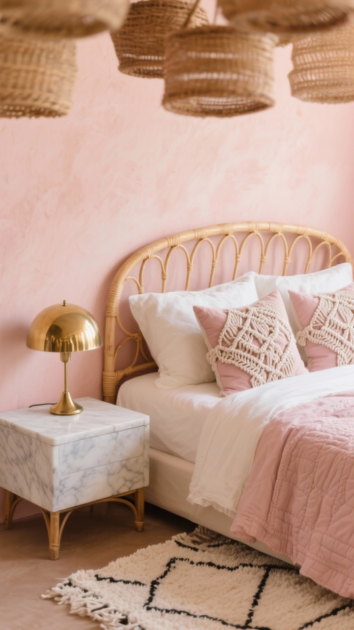 Detail closeup, Soft Blush Bohemia: warm blush wall behind a curved cane-inset headboard; creamy bedding with a dusty rose quilt and macramé pillows in focus, showing knot detail; brass dome lamp on a marble-top nightstand softly reflecting light; edge of a blush-and-ivory Berber rug visible; wicker basket cluster slightly blurred above; palette blush, ivory, warm brass, natural cane; textures macramé, boucle, cane; soft diffused lighting, photorealistic.