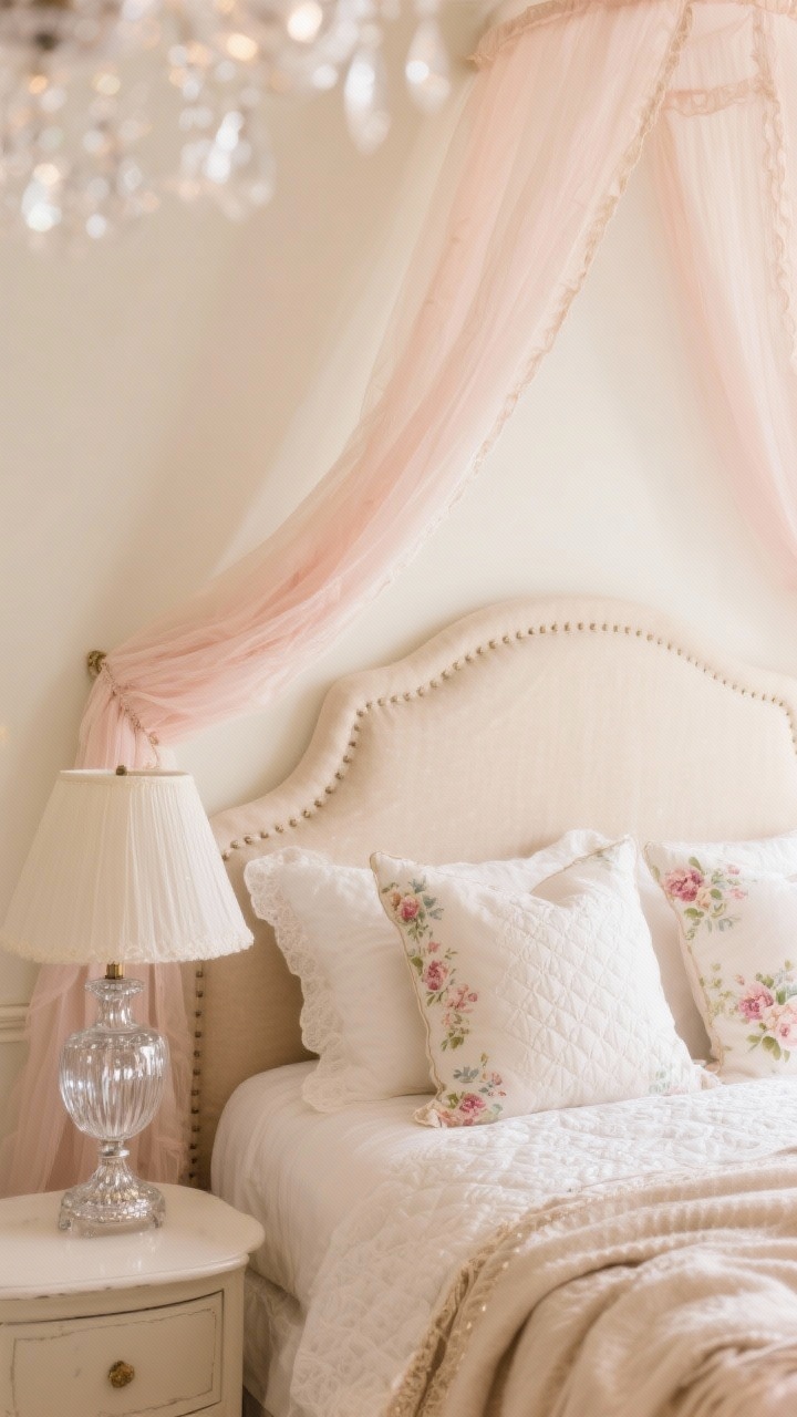 Detail closeup: Storybook canopy corner showing ceiling-hung soft blush voile canopy puddling slightly on buttermilk cream walls; curvy upholstered oatmeal-linen headboard partially visible; floral pillow shams layered over a matelassé coverlet with a silk-trimmed throw; mercury glass lamp base sparkling softly with a petite crystal chandelier bokeh in the background; palette of cream, blush, champagne; romantic, dreamy glow.