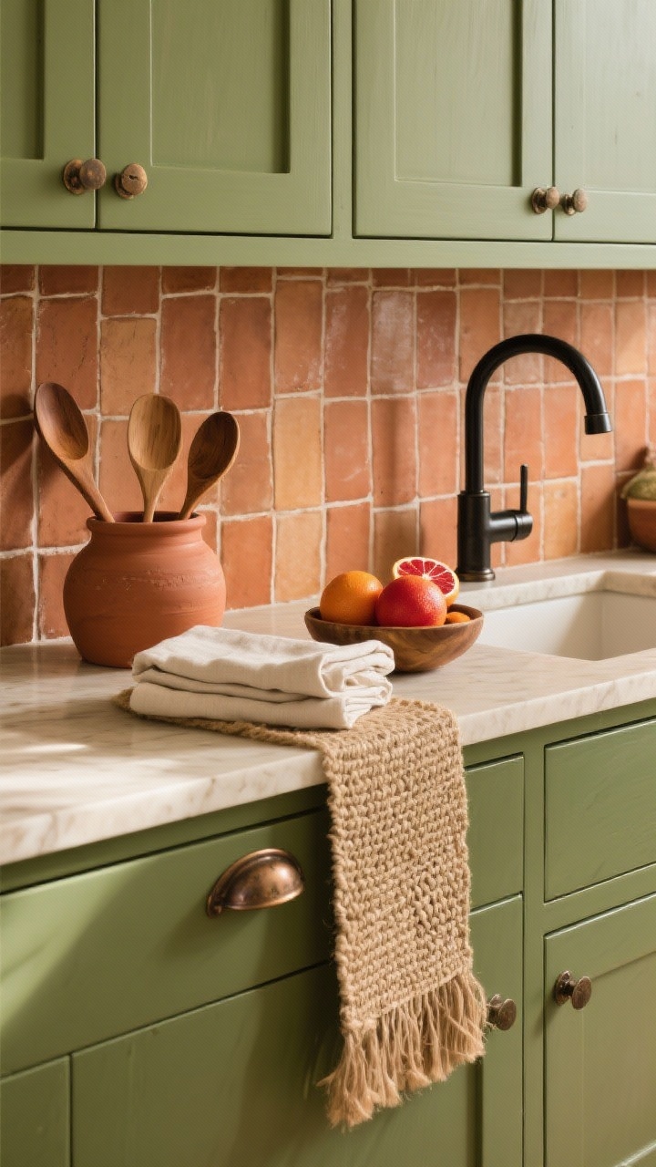 Detail closeup, straight-on: Earthy palette vignette—olive green cabinets, vertical-stack terracotta tile backsplash with warm hue variation, and warm beige quartz countertop. Aged bronze hardware and a matte black faucet for contrast. Wooden spoons in a terracotta crock, folded linen napkins, and a bowl of blood oranges. Woven jute runner edge peeking in. Sun-kissed, grounded.