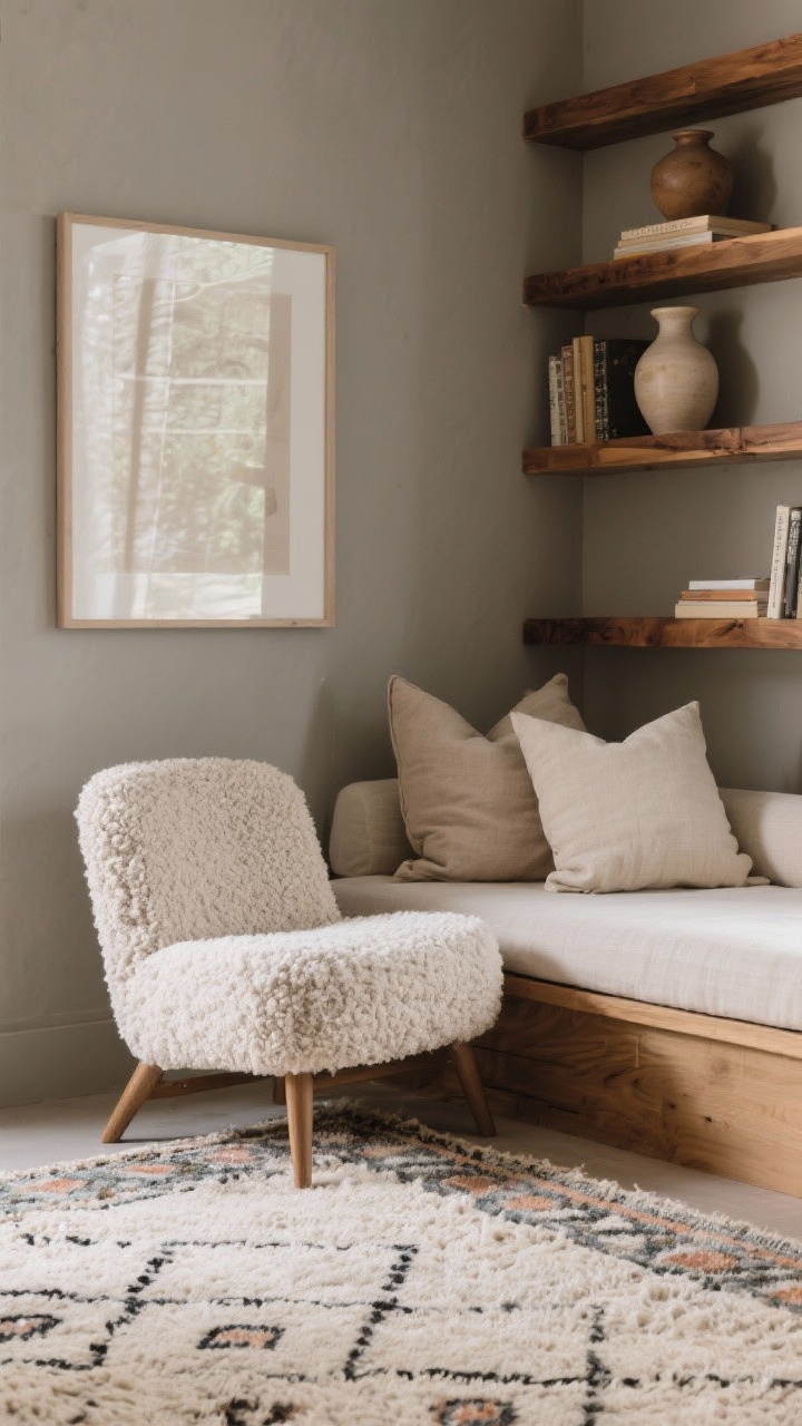 Detail closeup, Textured Neutral Reading Den: mushroom-gray wall backdrop with a tight frame on a bouclé accent chair and low linen daybed edge, nubby neutral pillows, thick wool Moroccan rug texture visible, corner of a mango wood bookshelf with sculptural hand-thrown pottery; materials focus—wool, bouclé, linen, bleached wood; soft, diffused reading light.