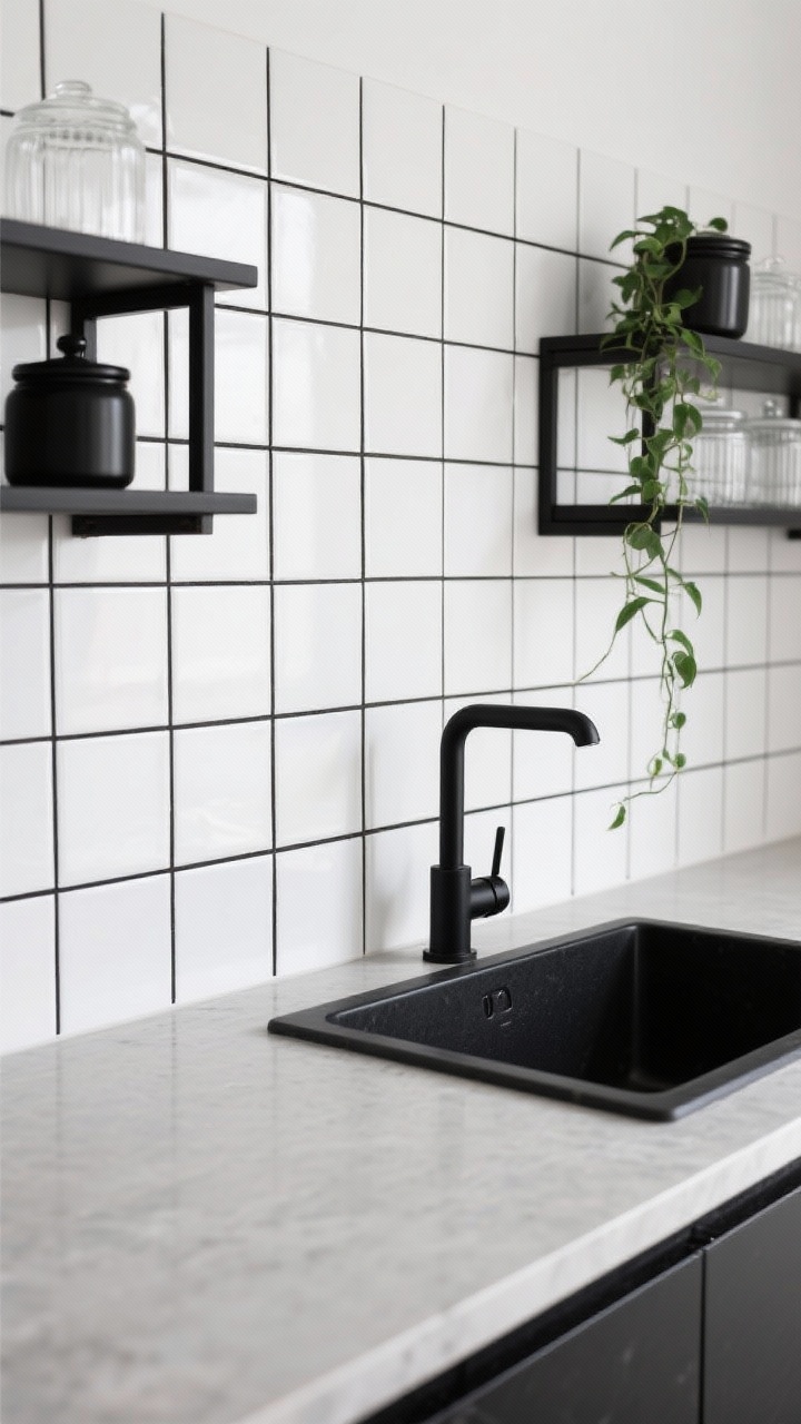 Detail grid graphic: Closeup of a white square tile backsplash with bold black grout forming a crisp grid. Adjacent elements include a black composite sink with a matte black faucet, and black metal open shelves holding clear glass storage and matte black canisters. A single trailing plant adds a touch of green. Light concrete-look quartz counter visible at the bottom of frame. Clean, modern lighting, photorealistic.