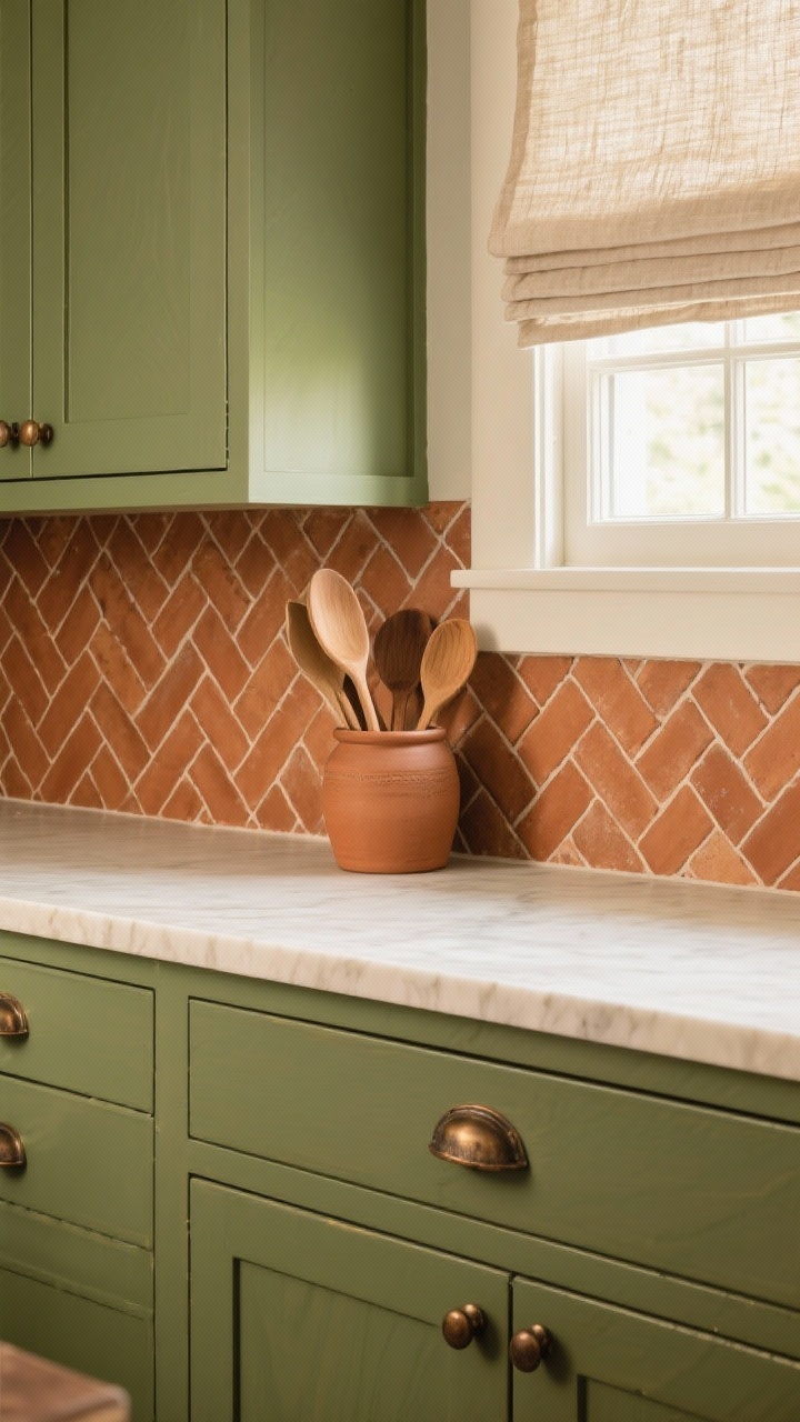 Detail herringbone backsplash focus: Closeup of olive green cabinet top edge meeting a terracotta tile backsplash laid in herringbone, with creamy quartz countertop below. Aged bronze hardware catches warm light; a clay utensil crock filled with wooden spoons sits on the counter. Linen roman shade in oat softly diffuses daylight above. Texture-rich, earthy palette: olive, terracotta, cream, bronze. Photorealistic, warm highlights.