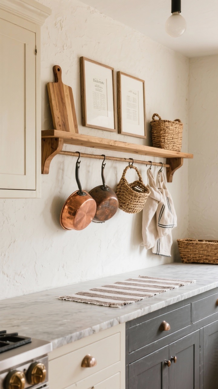 Detail/medium kitchen wall: long oak peg rail on a plaster wall styled with copper pans, woven baskets, linen aprons; narrow picture ledge above holding cutting boards and framed recipes; cream shaker cabinet edge, soapstone counter, striped runner visible; palette cream, oak, graphite, copper; textures wood, linen, hammered metal, stone; warm functional kitchen lighting; oblique angle along the rail.