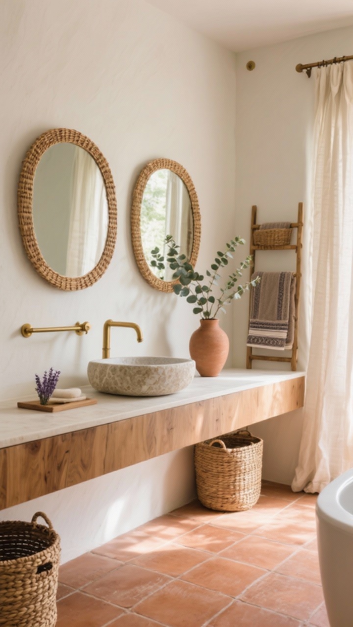 Detail/medium, Terracotta Spa Bathroom: matte terracotta tile floor, limewashed ivory walls, floating wood vanity with stone vessel sink, rattan mirrors above, linen curtains, woven hampers and Turkish towel ladder, eucalyptus stems in a clay vase; brushed brass taps and towel bars; serene, spa-like natural light with soft shadows; scent suggestion of cedar and lavender implied.