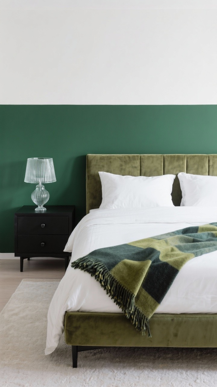 Detail overhead shot, Color-Blocked Contemporary: Overhead view of a bed against a half-height accent wall in moss green with crisp white above; slim upholstered bed in a complementary tone; simple geometric bedding; matte black hardware on nearby dresser; color-blocked throw folded at the foot; ribbed glass table lamp adding texture and subtle glow.
