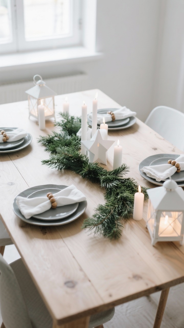 Detail overhead shot of Scandinavian minimal evergreen styling: bare light oak table with a single asymmetrical evergreen garland spilling gracefully off one side; stone-gray plates, white linen napkins with wood bead napkin rings; cluster of white pillar candles minimalistically arranged; paper star lanterns softly glowing in a nearby window out of focus; palette of white, soft gray, muted green, light oak; clean lines, matte ceramics, airy natural light.