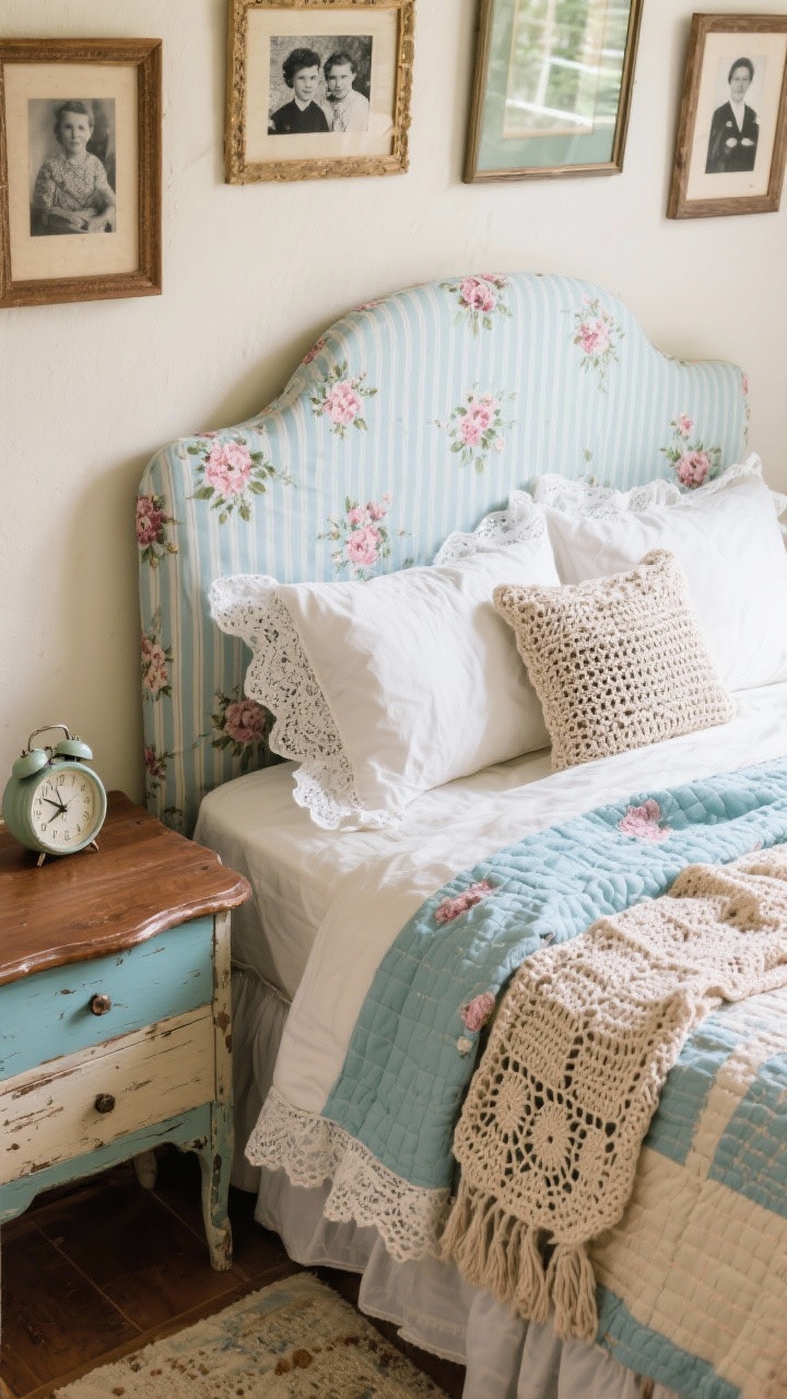 Detail overhead shot: Vintage cottage bedding vignette on a curvy headboard reupholstered in floral ticking; crocheted throws, lace-trimmed pillowcases, and a handmade quilt layered together; mix-and-match frames nearby with black-and-white family photos slightly in frame; retro alarm clock on a mismatched painted/wood nightstand edge; palette of robin’s egg, cream, walnut, rose; tactile, nostalgic textures in soft window light.