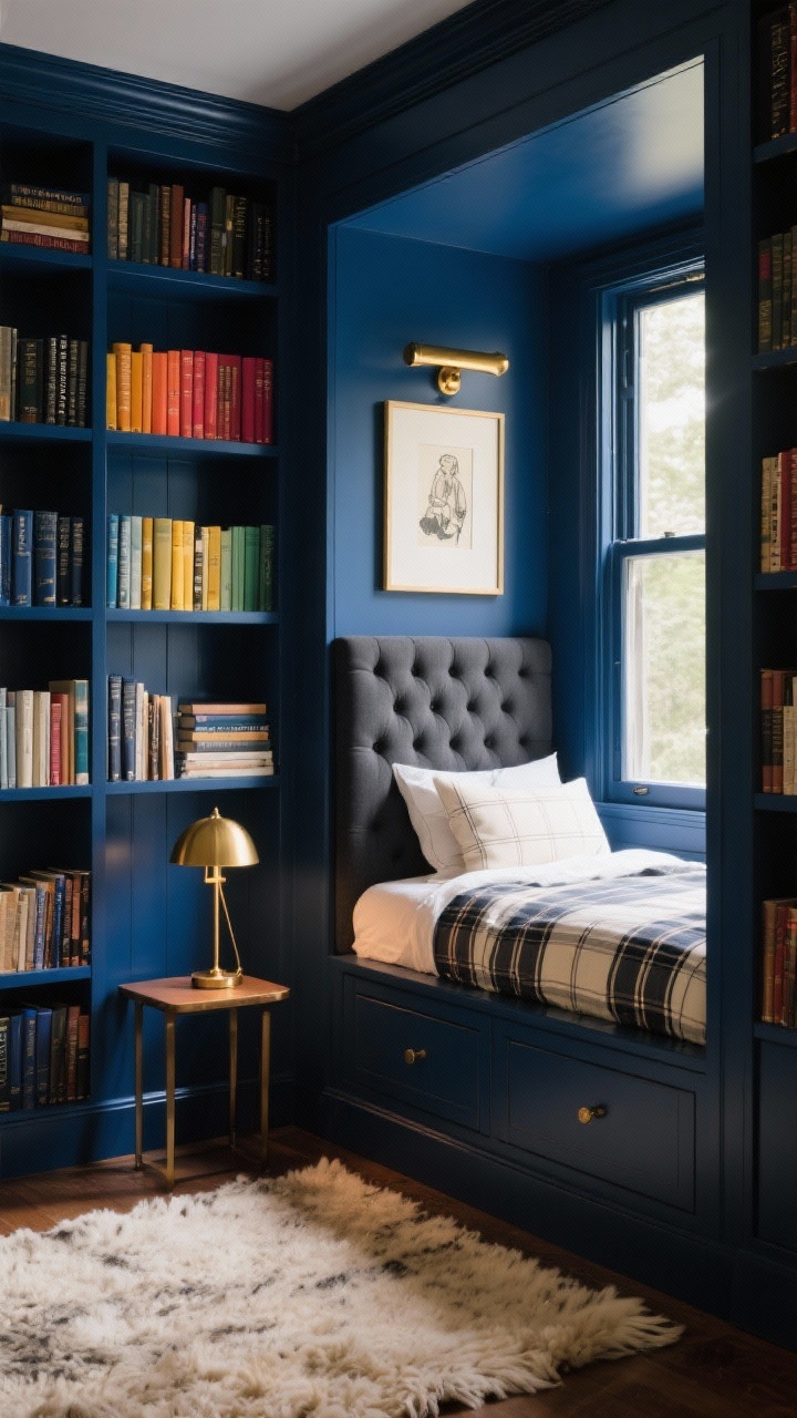 Detail shot: Bookish nook—ink blue built-in bookshelves with color-sorted spines, a brass picture light highlighting framed illustrations. Edge of a charcoal tufted headboard visible, plaid bedding in cream and dark tones. Brass task lamp on a side table, thick wool rug texture under a window seat drawer front. Palette: ink blue, charcoal, brass, cream. Warm, intimate library lighting.