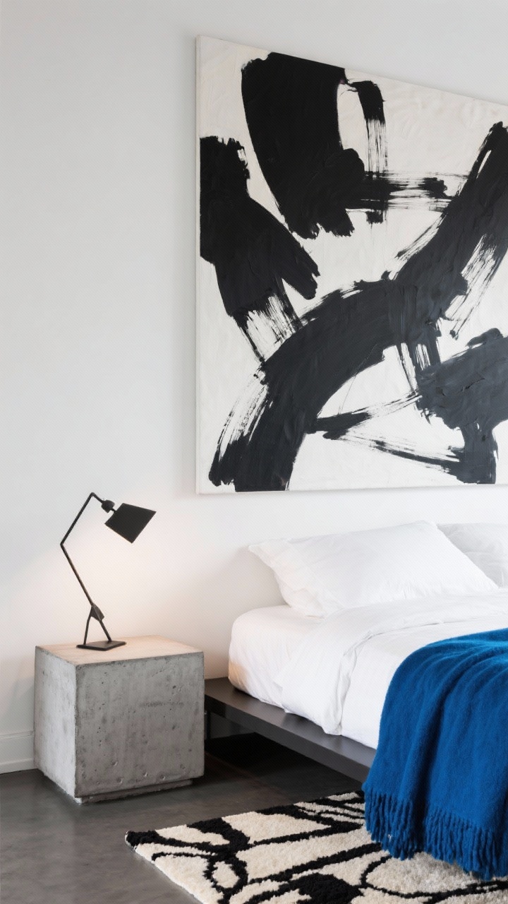 Detail shot, Modern Art Loft Vibes: Closeup of a large-scale abstract canvas in bold strokes above a sleek platform bed, with a graphic black-and-cream rug peeking into frame; concrete-look nightstand holds a sculptural statement sconce casting angular light; crisp white bedding with a saturated cobalt throw folded at the foot; gallery-white wall, dramatic contrast.