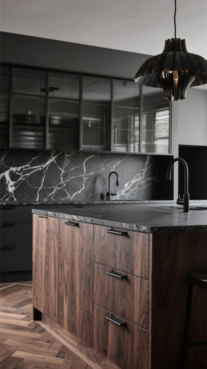 Detail shot, moody materials: Closeup of smoked oak cabinet fronts meeting a dark soapstone counter, with a full-height stone backsplash showcasing bold veining; thin black linear pulls; a sculptural blackened bronze chandelier softly blurred in the background over the island; glass-front uppers with smoked glass hints; charcoal herringbone wood floor texture at the edge of frame; couture-industrial atmosphere, photorealistic.