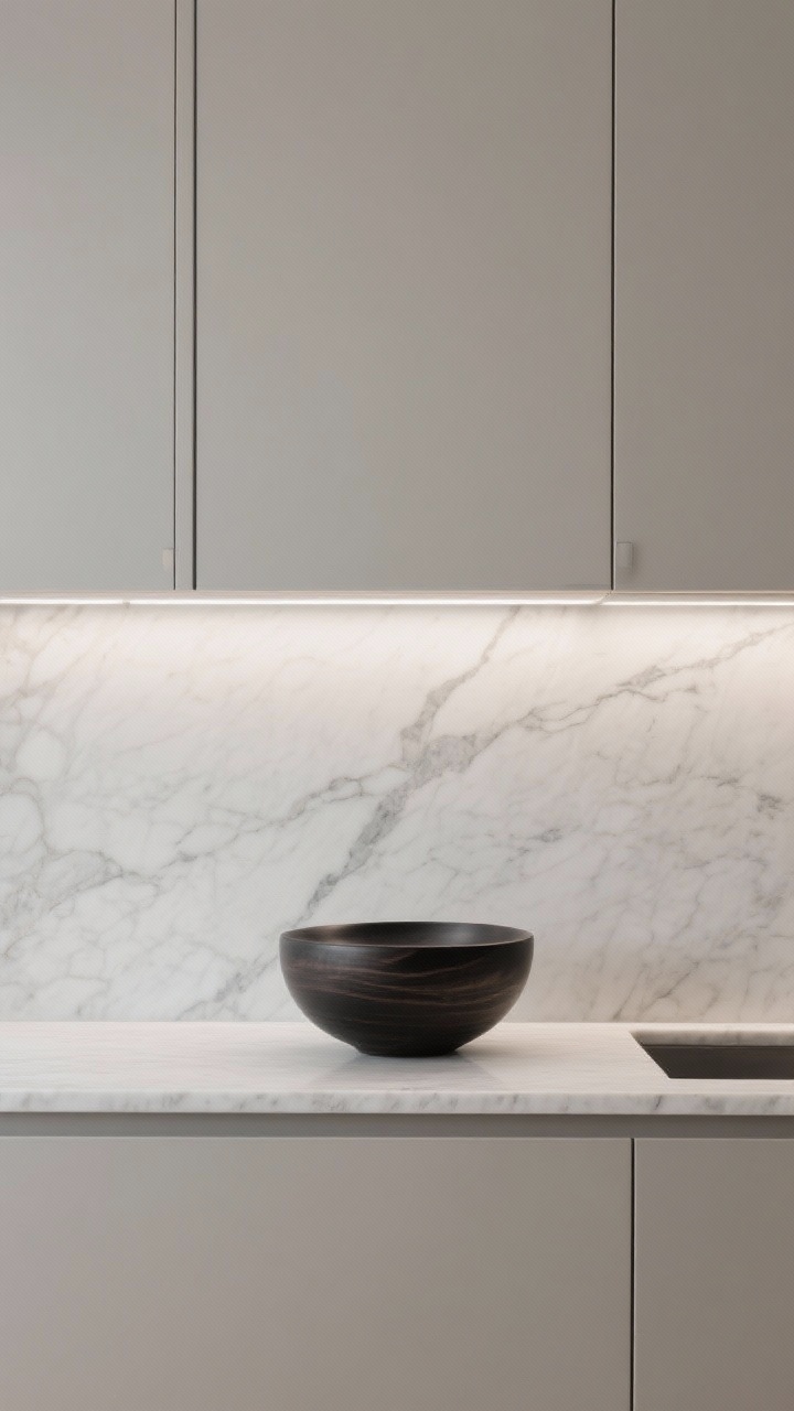 Detail shot, natural minimal monochrome: honed marble or quartzite countertop meeting matching book-matched backsplash with quiet veining; soft greige matte flat-front cabinet just below, no hardware (push-to-open); single sculptural blackened wood bowl centered on the counter; lighting from invisible recessed channels creating subtle grazing; serene, stone-led focus; close, front angle.