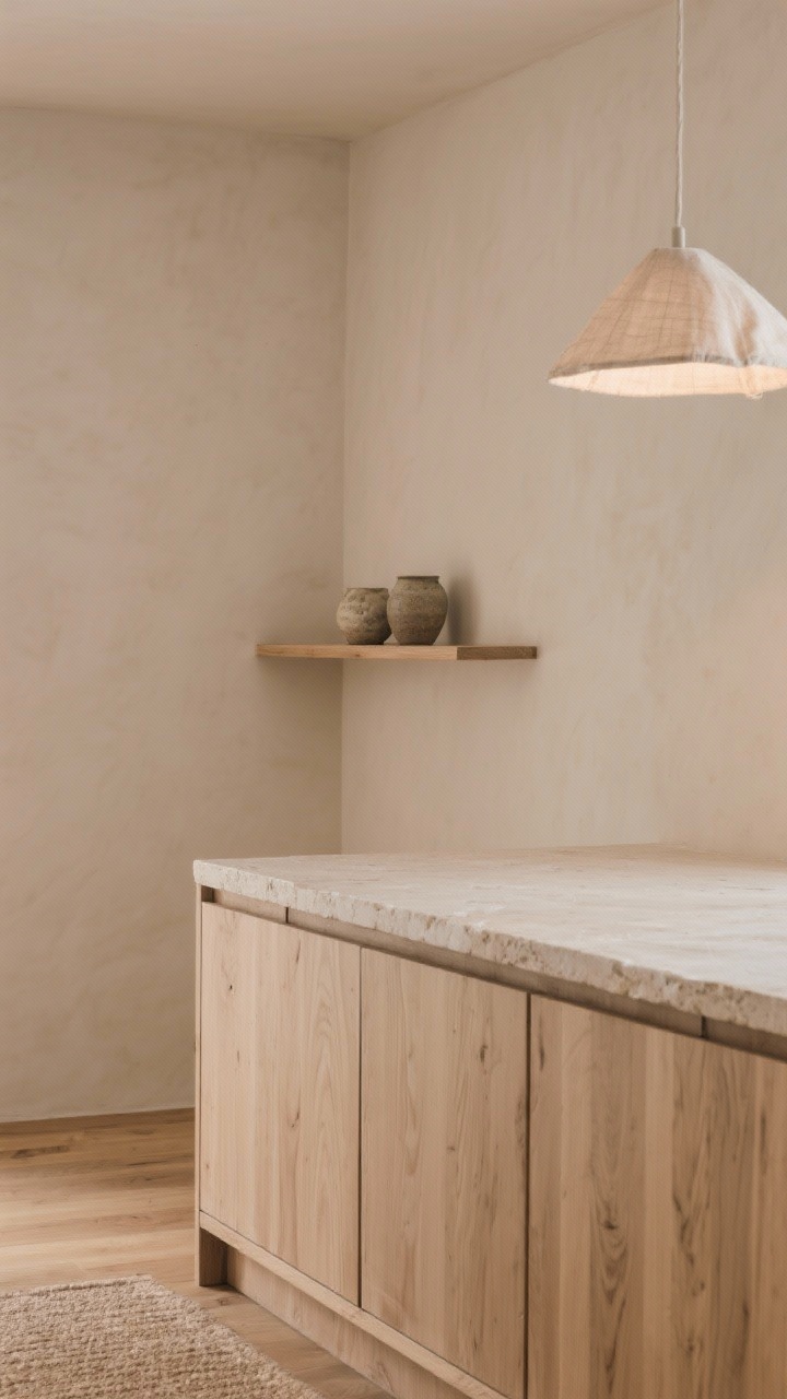 Detail shot of Japandi calm: pale oak slab cabinet face with continuous grain next to an understated limestone countertop with a delicate micro-beveled edge; muted warm greige wall behind a single ledge shelf holding two handmade stoneware ceramics; soft fabric-covered pendant above casting a gentle glow; light oak or pale cork floor peeking in; tactile, calm, crafted minimalism; close, side angle.