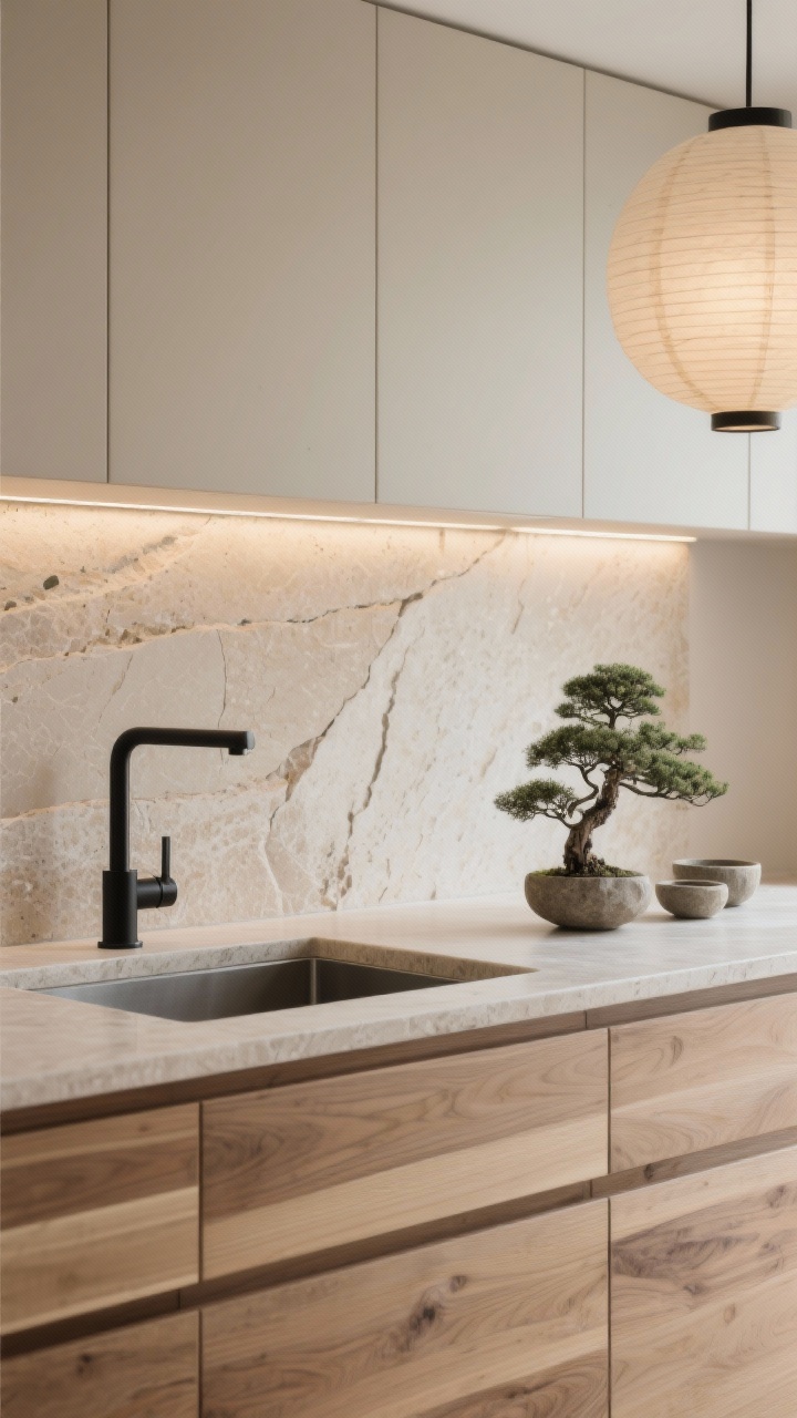 Detail shot of Japandi serenity: low-profile travertine countertop continuing up as a slab backsplash, flat-front rift-cut oak lower cabinets with horizontal lines, matte beige uppers, a slim black faucet set against the stone; soft glow from paper lantern pendant reflections and undercabinet lighting, a single bonsai and stone bowls arranged quietly on the counter; minimal, tranquil composition.