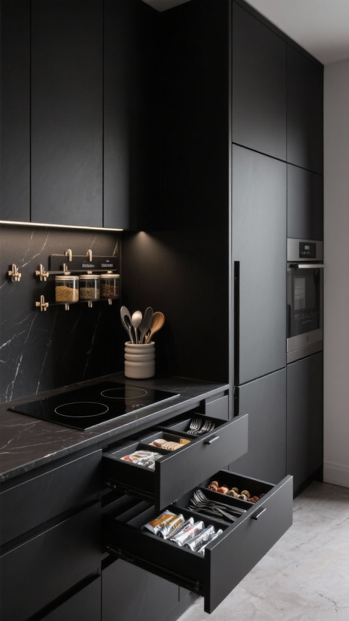 Detail shot, Sleek Monochrome: all-black matte cabinetry and black quartz countertop with integrated pulls; open drawer reveals custom inserts for foil, wraps, spices, and a double-decker cutlery tray; plate pegs securing stacks; minimal work zone with single induction cooktop and lidded utensil crock; tall pantry with pocket doors open to a backlit wall of labeled containers; moody, refined lighting, photorealistic.