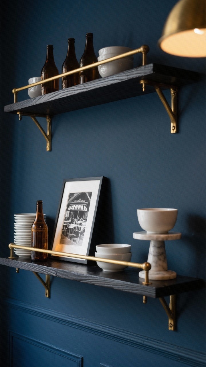 Detail shot, straight-on: Charcoal-painted wood shelves mounted on inky navy walls with polished brass brackets and a slim brass rail under the lowest shelf. Styled with amber glass bottles, stackable white bistro bowls, a framed black-and-white café print leaning, and a small marble pedestal for contrast. Low, moody bistro lighting emphasizing deep blues and brass highlights, no people.