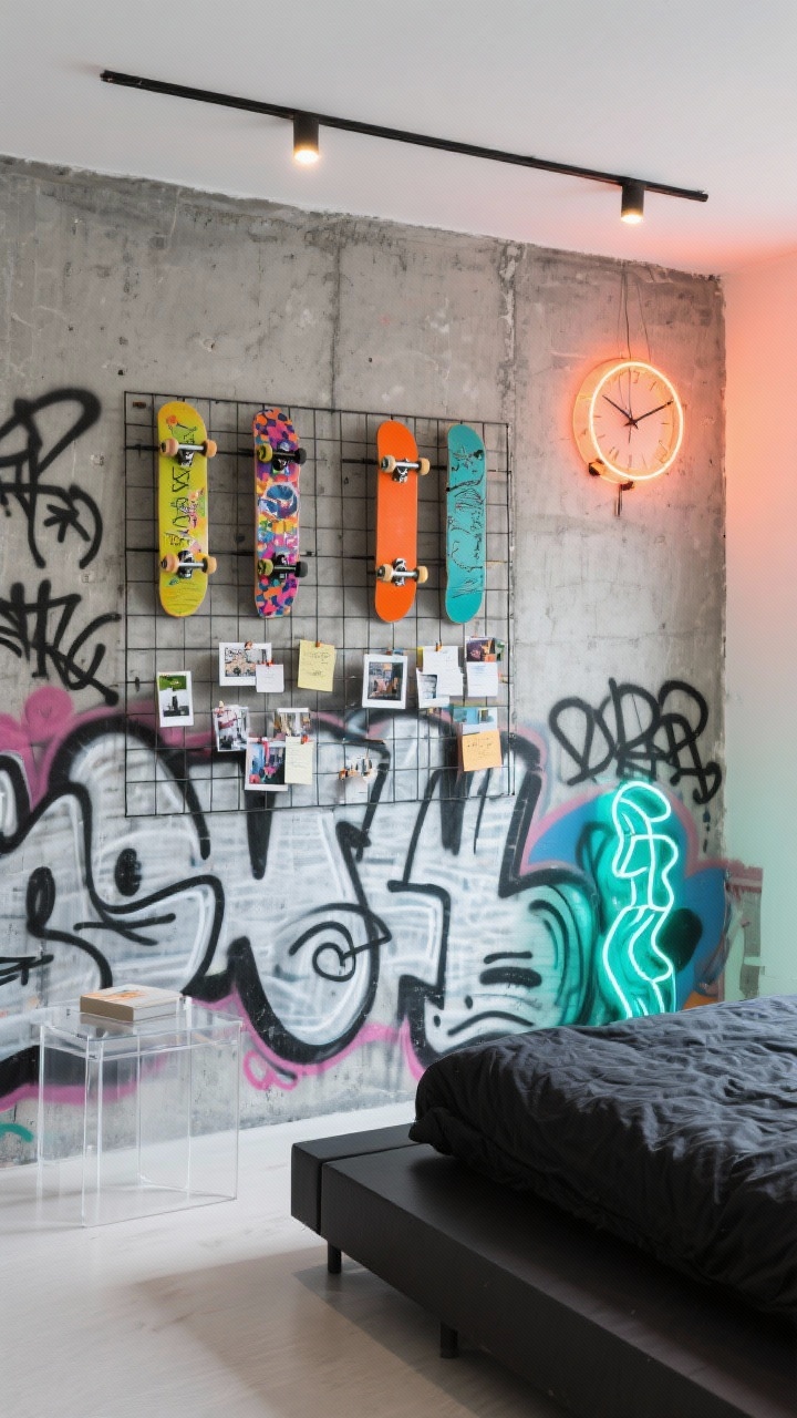 Detail shot, straight-on: Urban street art wall featuring concrete-effect wallpaper and a bold peel-and-stick graffiti mural panel. Minimal furnishings in view: edge of a black platform bed and a transparent acrylic side table. Skateboard display rack with colorful decks mounted cleanly, metal grid wall with clipped photos and notes. Neon accent objects in electric teal and hot orange, including a neon wall clock. Crisp, gallery-style lighting.