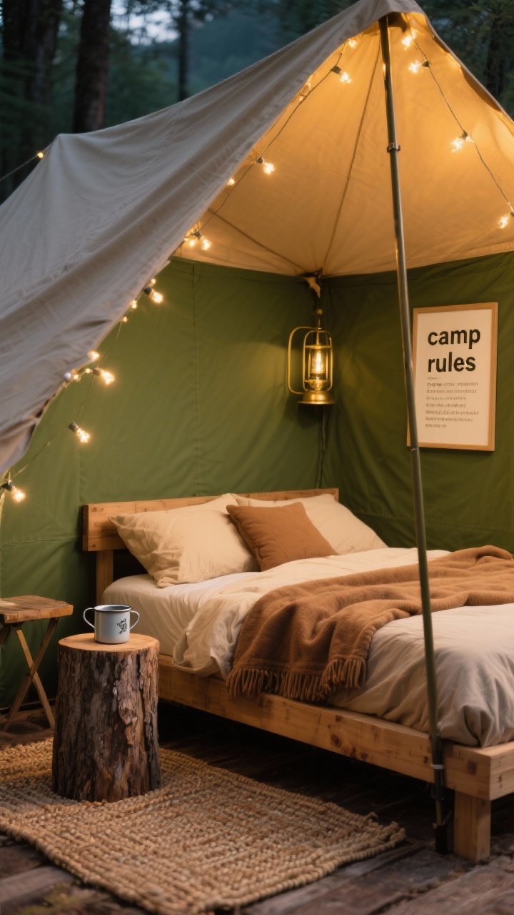 Detail shot, three-quarter view of a cozy campground bed: canvas tent-style canopy suspended over a simple wood bed, warm fairy lights glowing inside the canopy, olive green walls, sand-colored bedding topped with a chestnut-toned thermal blanket, stump side table holding an enamel camp mug, woven camping mat at the bedside, framed “camp rules” print on the wall; brass accents; intimate, warm evening light.
