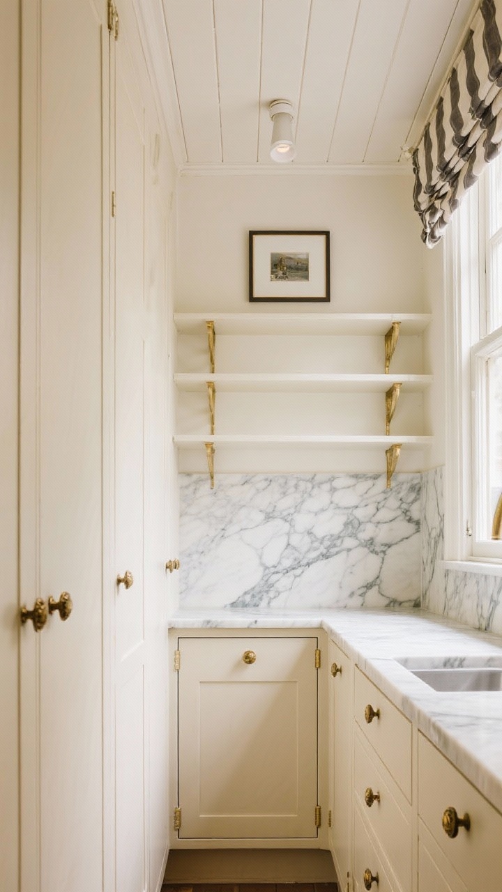 Detail shot, vertical composition: Parisian micro-galley moment focusing on full-height cream inset cabinets with antiqued brass knobs, and a bold Calacatta marble slab backsplash climbing to the ceiling. Tongue-and-groove ceiling painted warm white visible at top, petite café curtains softening a small window, and a petite picture light above open shelves. Glam, compact elegance.