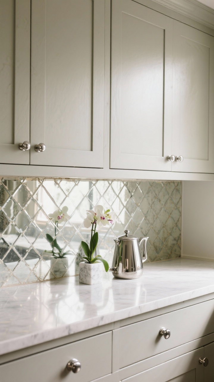 Dramatic light-filled medium shot: antiqued mirrored backsplash panels reflecting light softly, pale greige cabinetry, chrome or polished nickel fixtures, decor kept minimal—a single marble salt cellar, a chrome kettle, and a small orchid on the counter; bright but diffused lighting, slightly angled perspective to capture reflections.